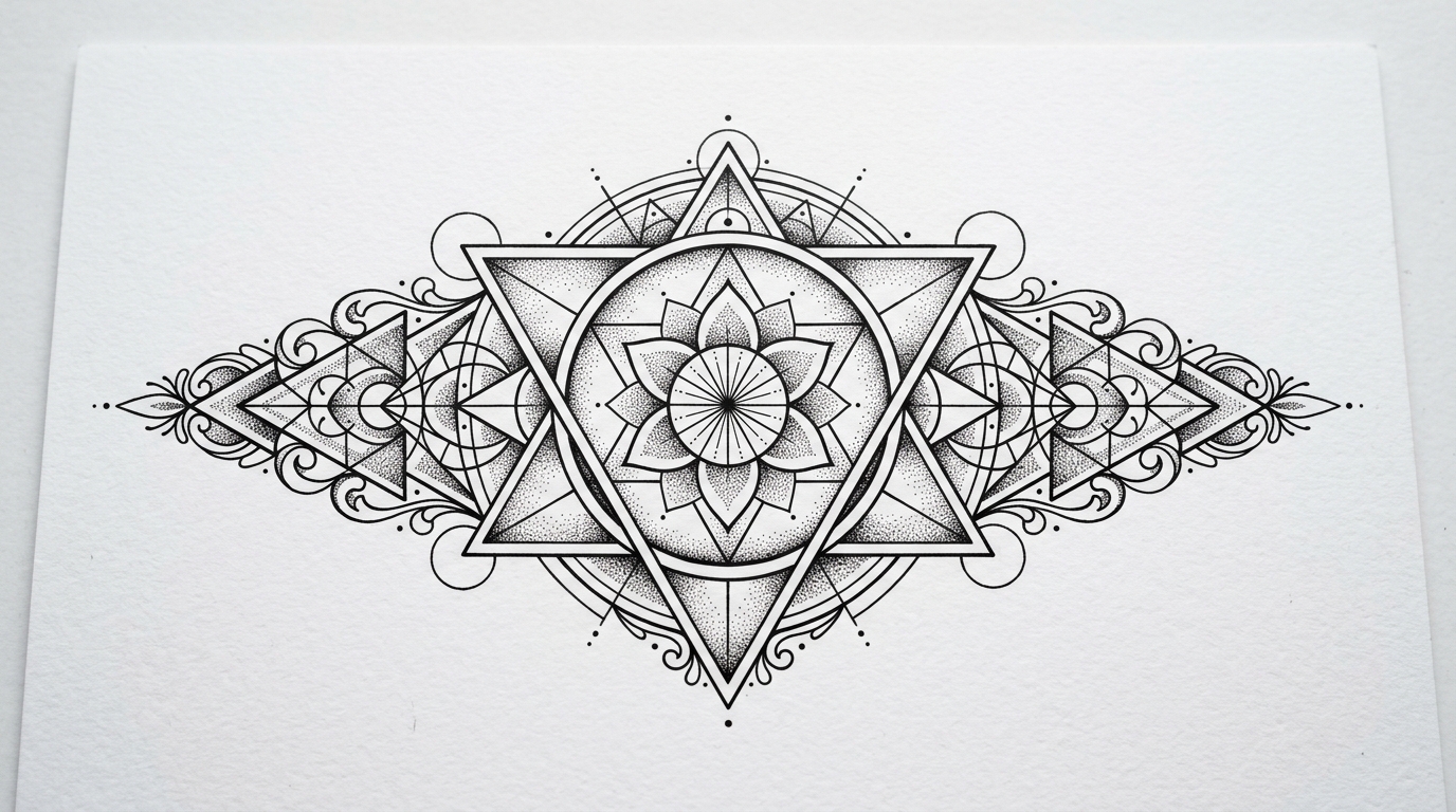 Эскиз геометрического орнамента — треугольник с тонкими линиями для тату на шею сзади