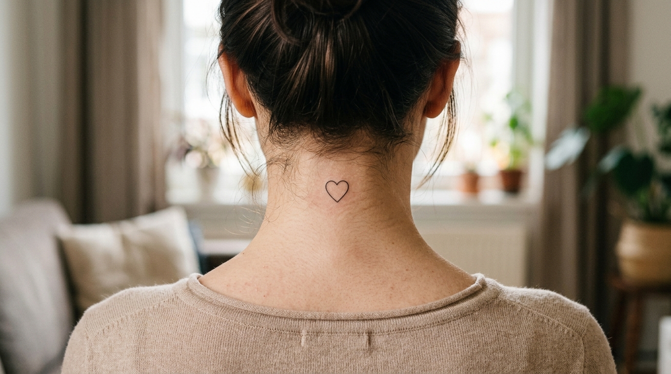 Фото маленькой тату-сердца на шее сзади у девушки — минималистичный fine line
