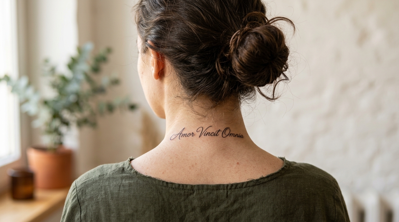 Фото тату-надписи на латыни на шее сзади у девушки — тонкий каллиграфический шрифт