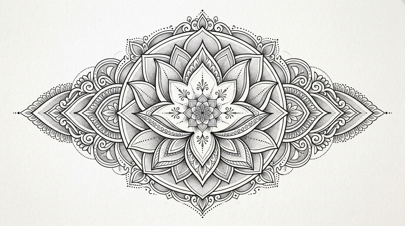 Эскиз мандалы-лотоса для тату на шею сзади — утонченный симметричный орнамент в стиле дотворк