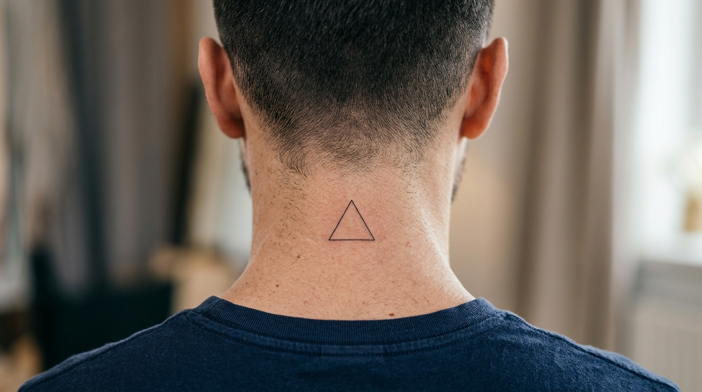 Фото тату-треугольника на шее сзади у мужчины — минималистичная геометрия