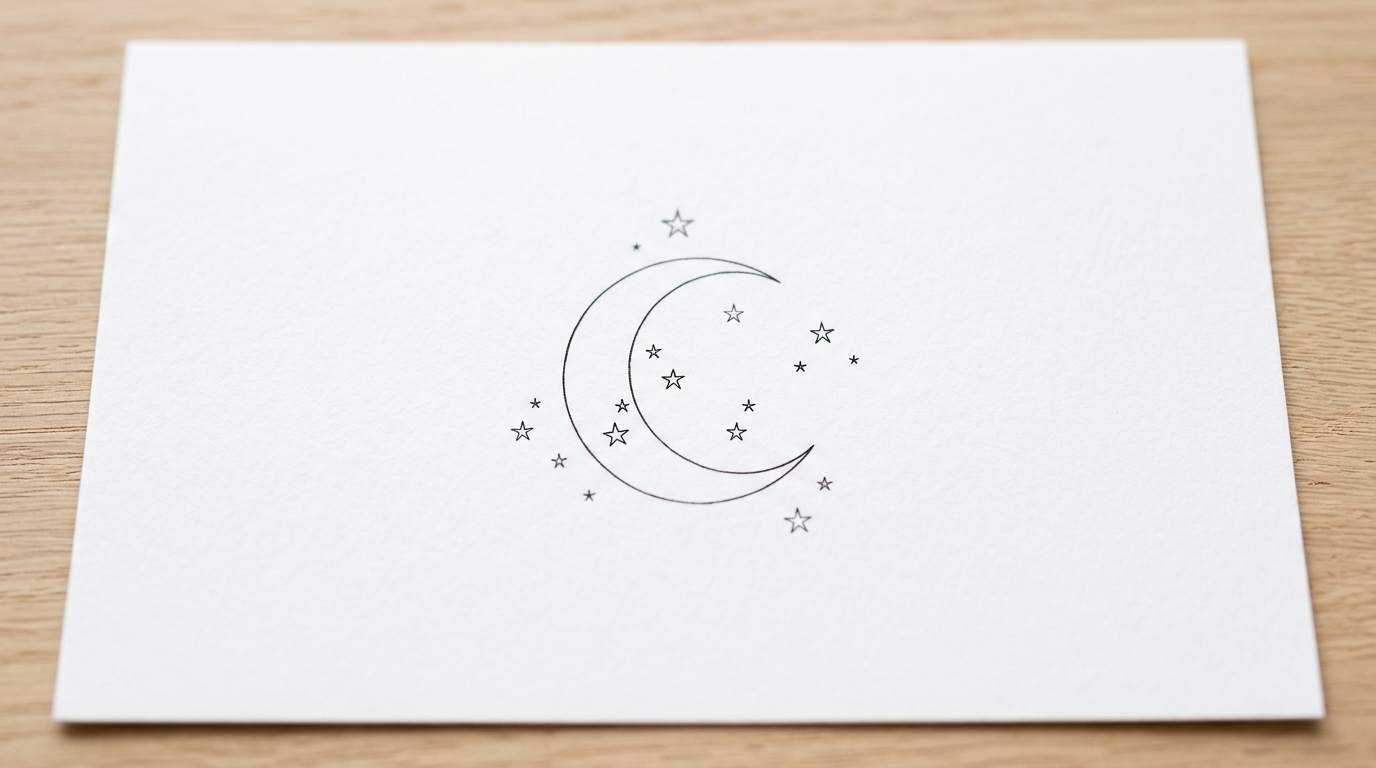 Эскиз полумесяца со звёздами для тату на шею сзади — минималистичный fine line