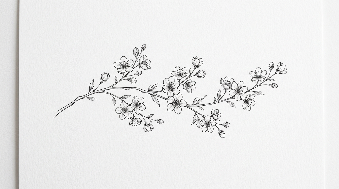 Эскиз ветки сакуры для тату на шею сзади — ботанический fine line