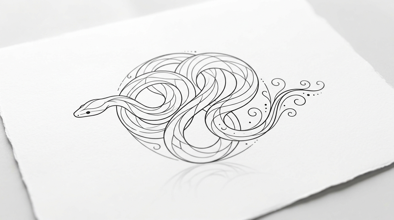 Эскиз утонченной змеи для тату на шею сзади — fine line с дотворком