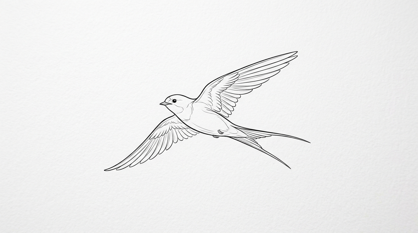Эскиз ласточки в полёте для тату на шею сзади — fine line стиль