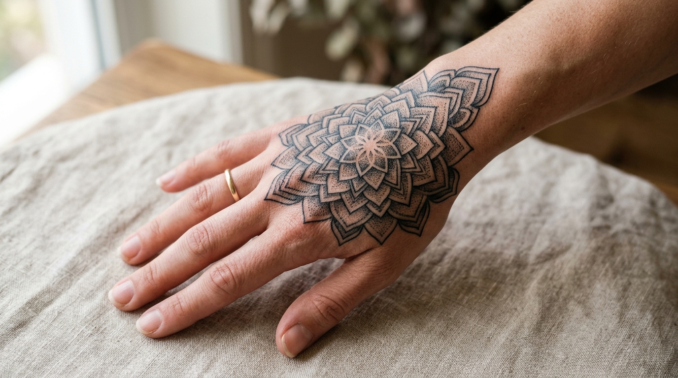 Мандала тату на женской кисти