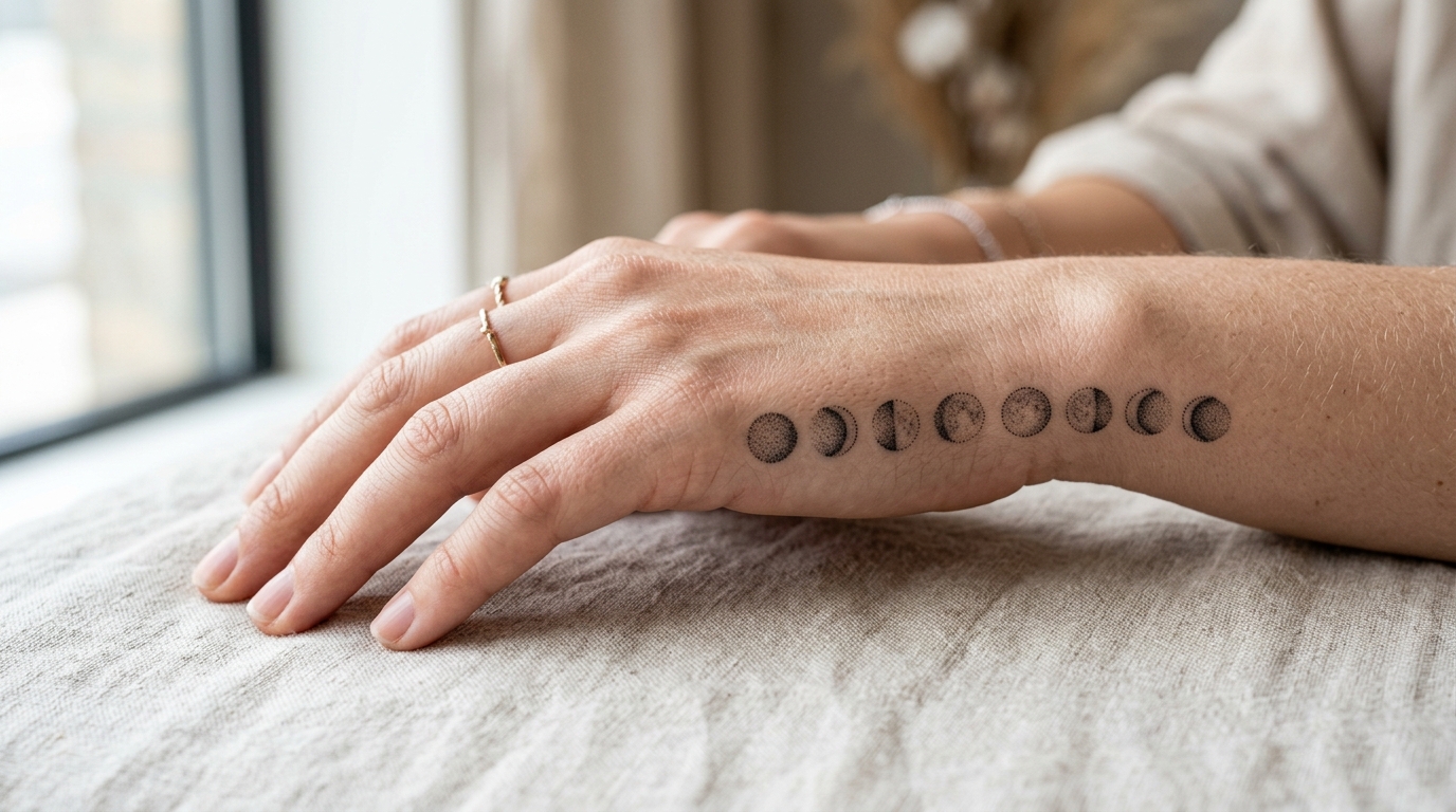 Дотворк фазы луны на ребре женской ладони