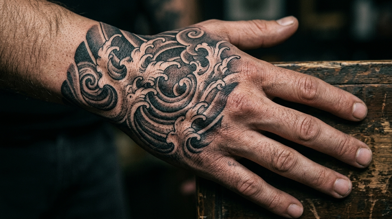 Японская волна тату на мужской кисти