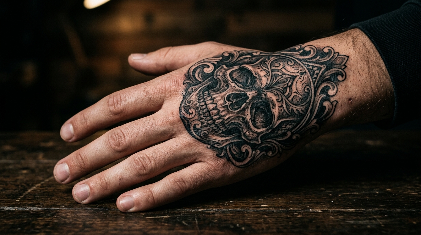 Тату череп на мужской кисти