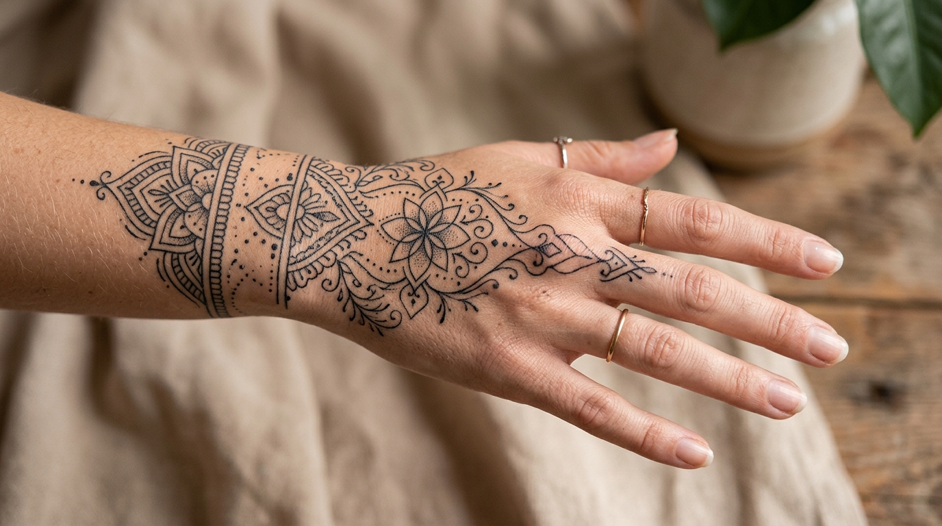 Орнаментальное тату на кисти женское