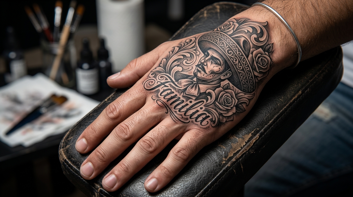Чикано тату на мужской кисти