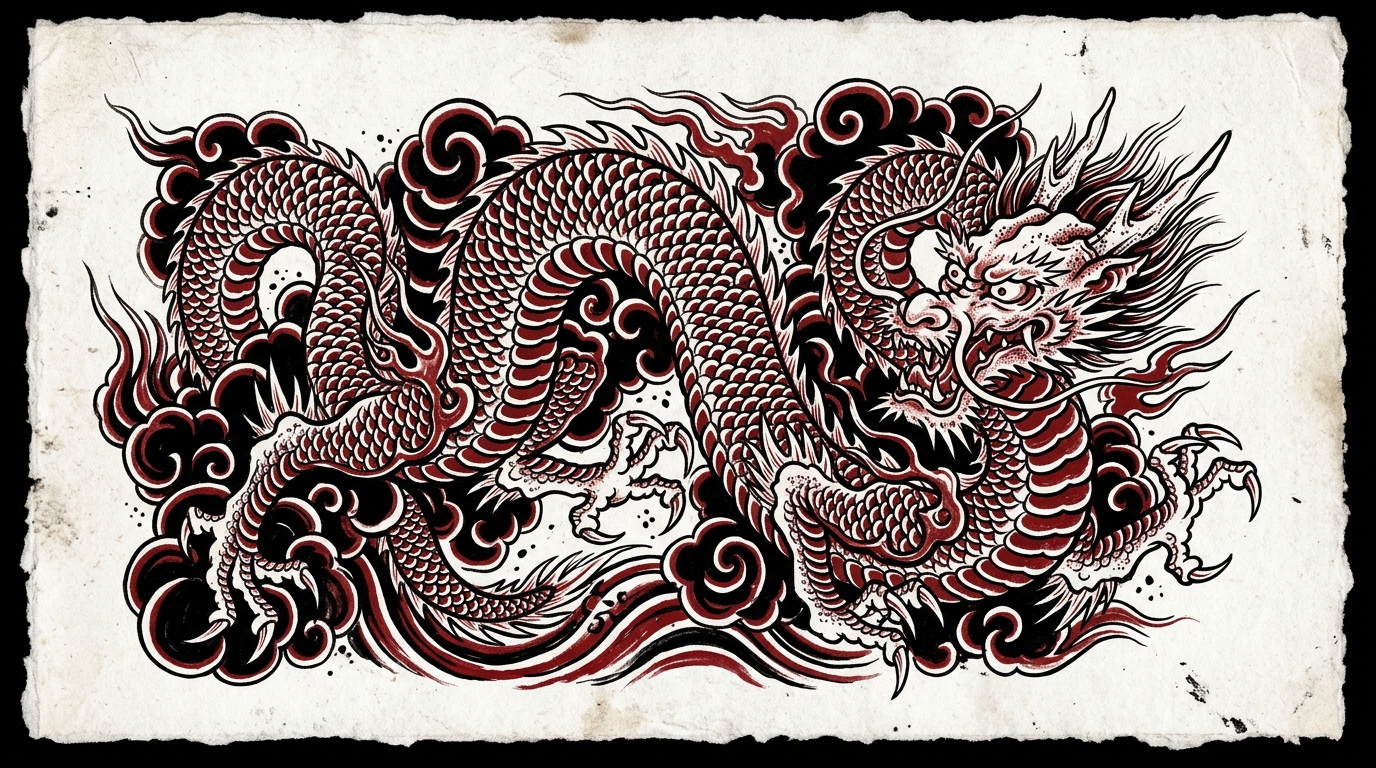 Эскиз японского дракона в традиционном стиле