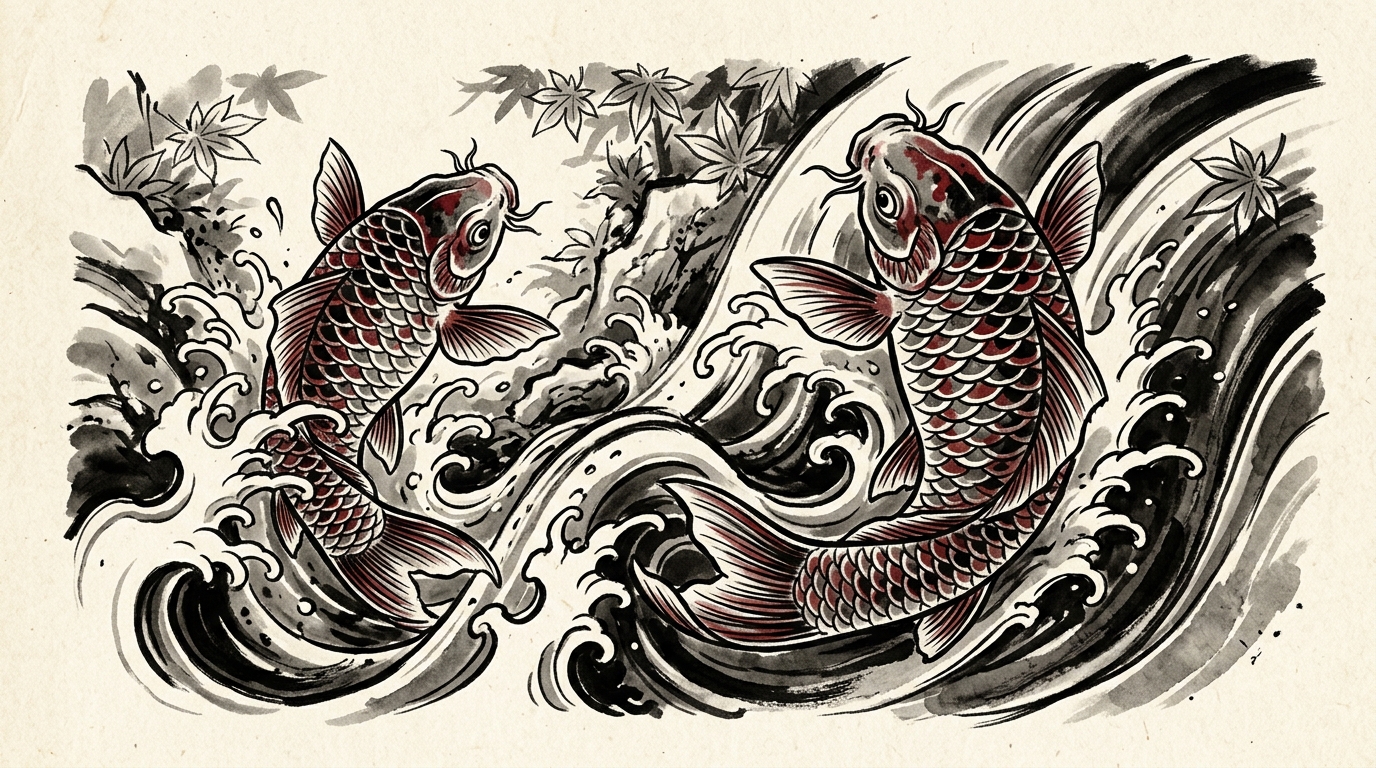 Эскиз двух карпов кои, плывущих вверх по течению