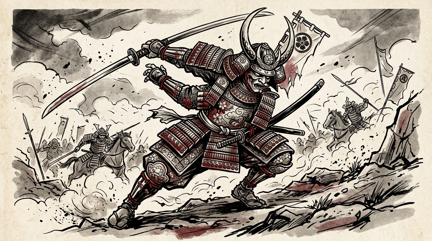 Эскиз самурая в полных доспехах с катаной в традиционном японском стиле