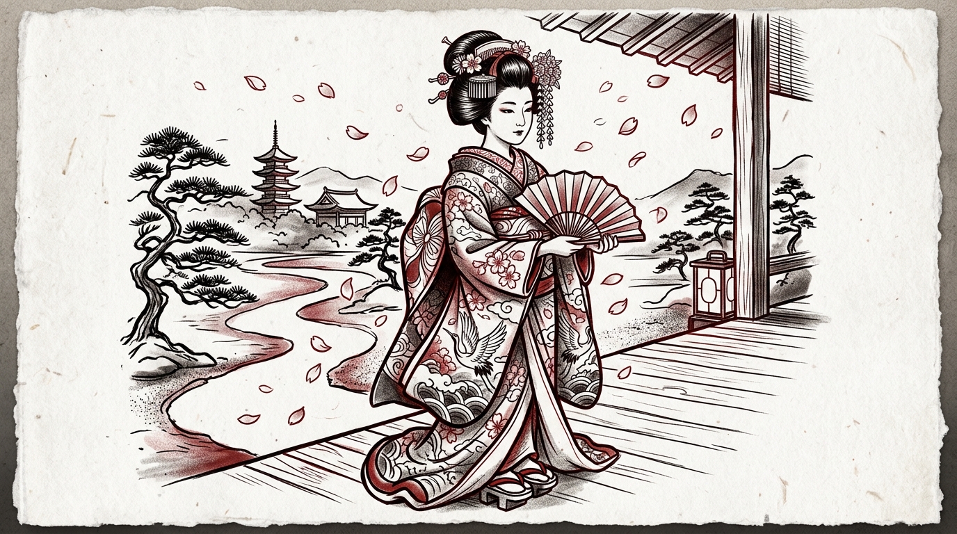 Эскиз гейши с веером в кимоно, традиционный японский стиль