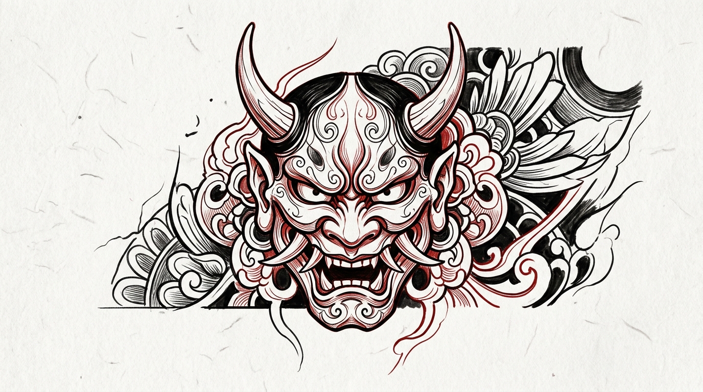 Эскиз маски Хання — демоницы из театра Но