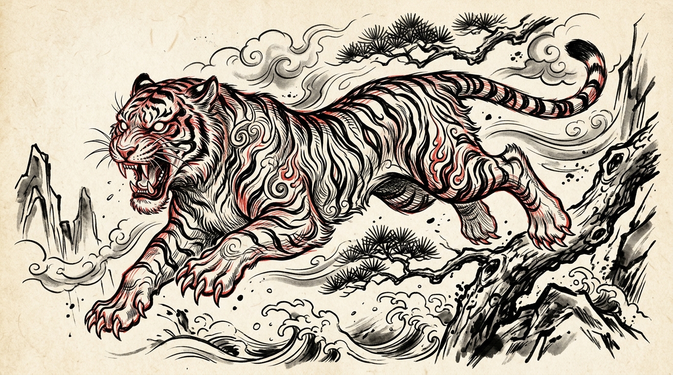 Эскиз прыгающего японского тигра в традиционном стиле