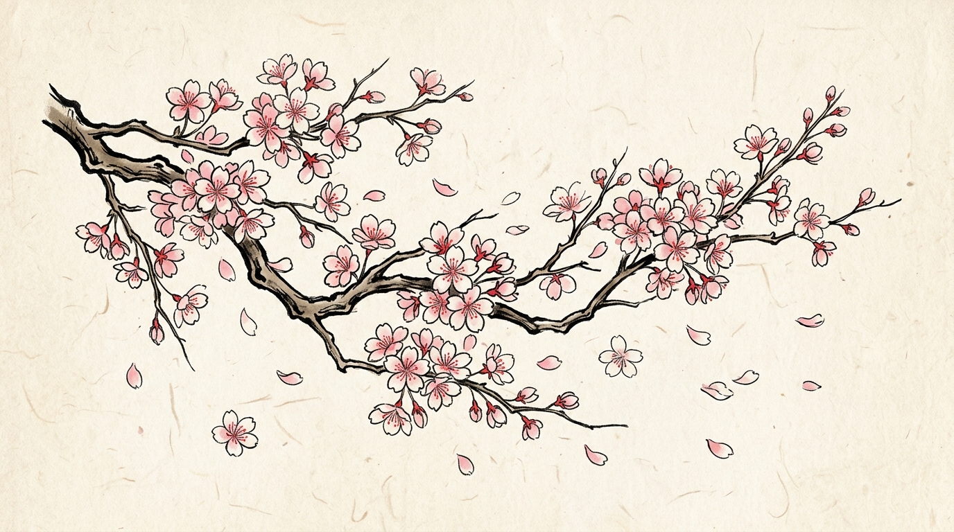 Эскиз ветки сакуры с цветами в японском стиле