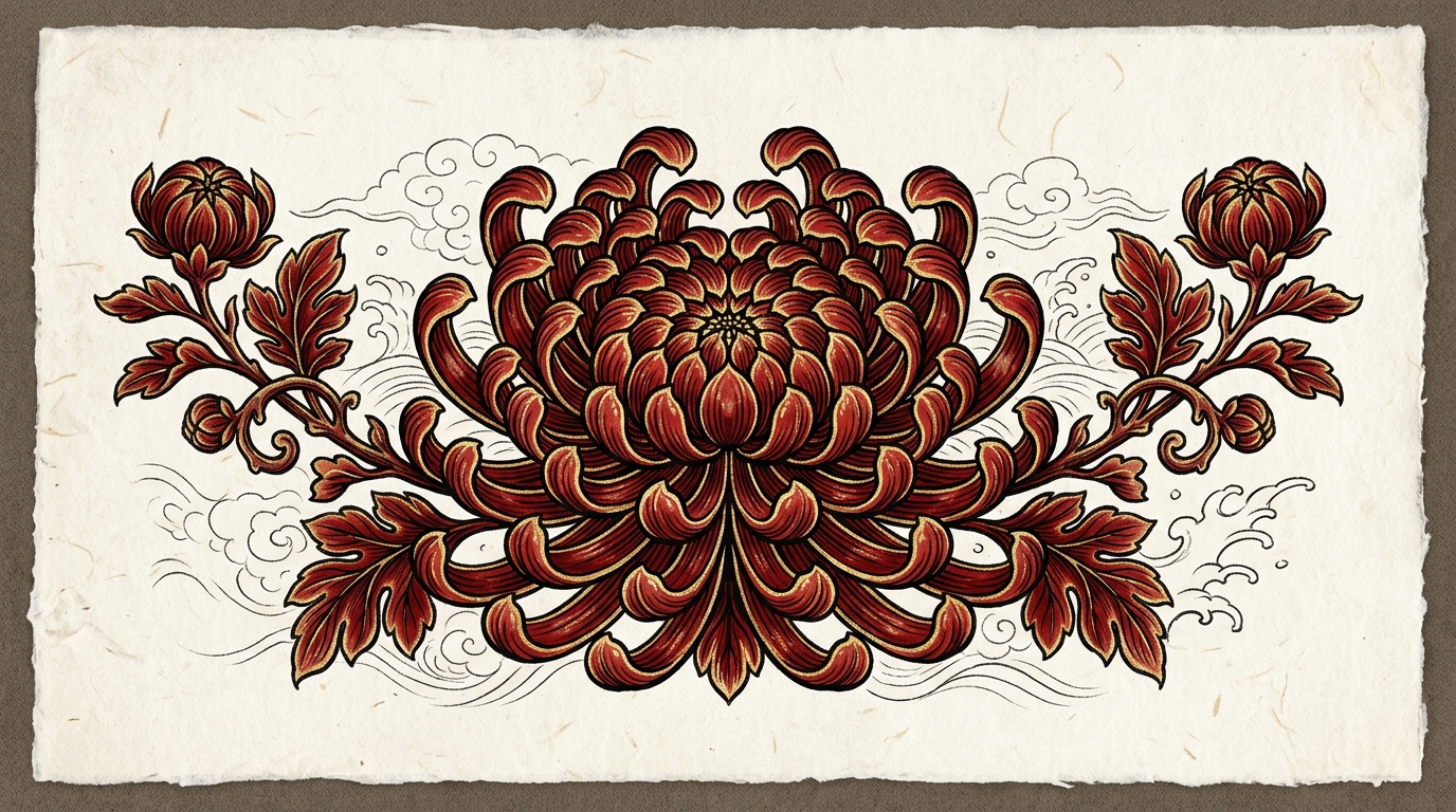 Эскиз хризантемы кику в японском традиционном стиле