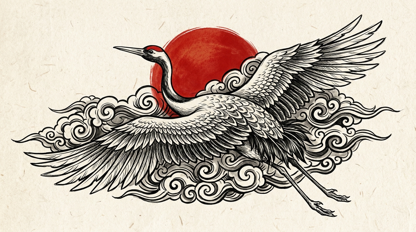 Эскиз летящего журавля цуру в японском стиле