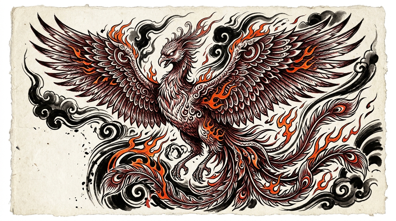 Эскиз японского феникса хо-о с распахнутыми крыльями в традиционном стиле