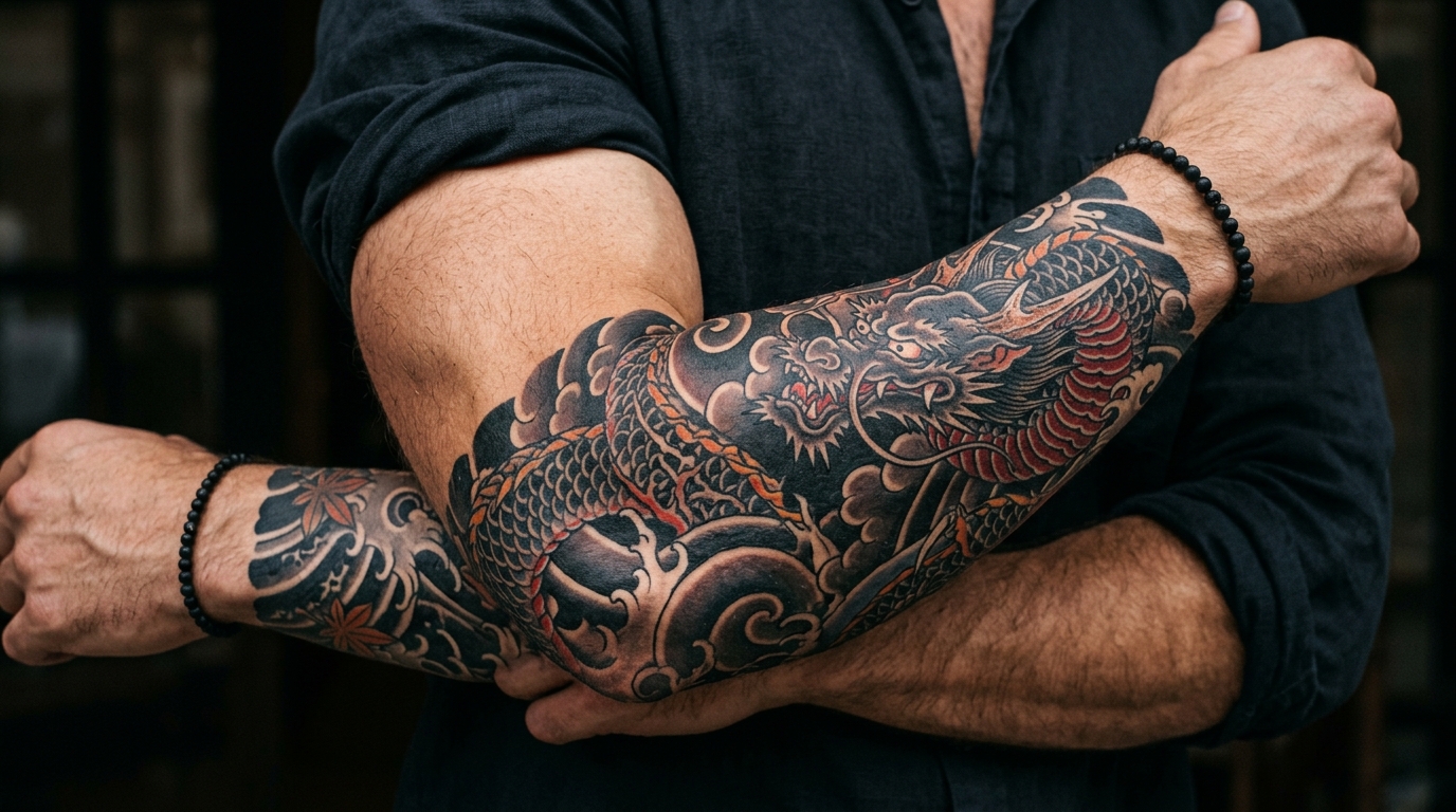 Полный рукав в японском стиле с драконом, листьями клёна и волнами