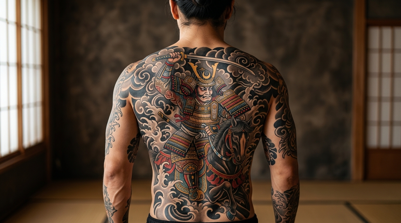 Большая японская татуировка самурая на спине мужчины