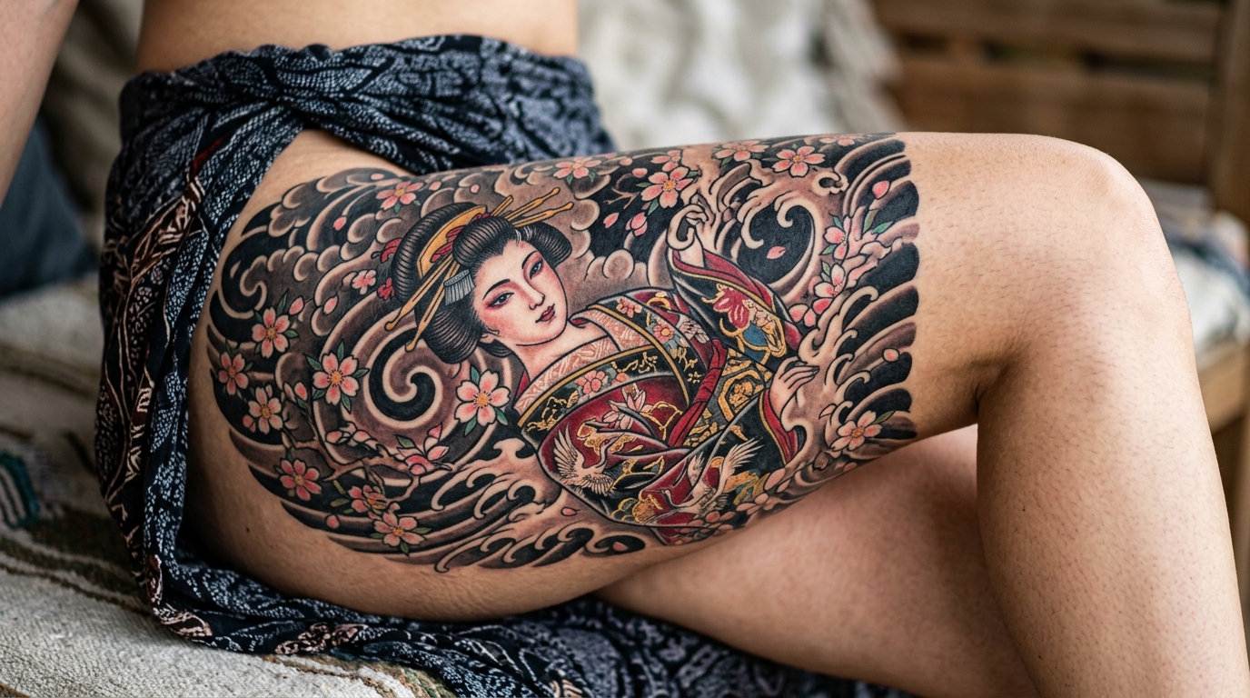 Большая женская татуировка гейши на бедре в японском стиле