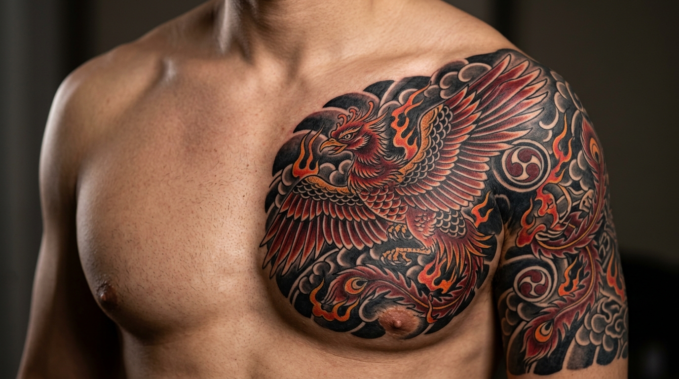 Татуировка феникса на груди мужчины в традиционном японском стиле