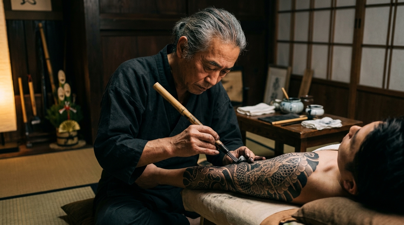 Японский мастер делает tebori — ручную традиционную татуировку бамбуковым инструментом