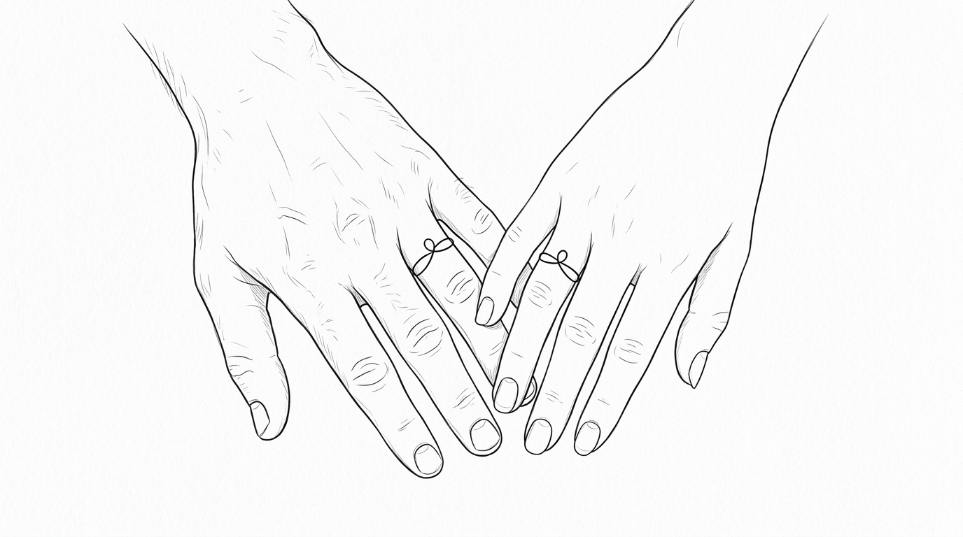 Эскиз парных колец на безымянных пальцах для мужа и жены