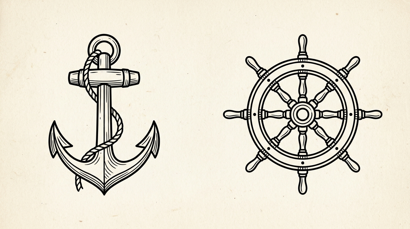 Парная тату якорь и штурвал в стиле олдскул