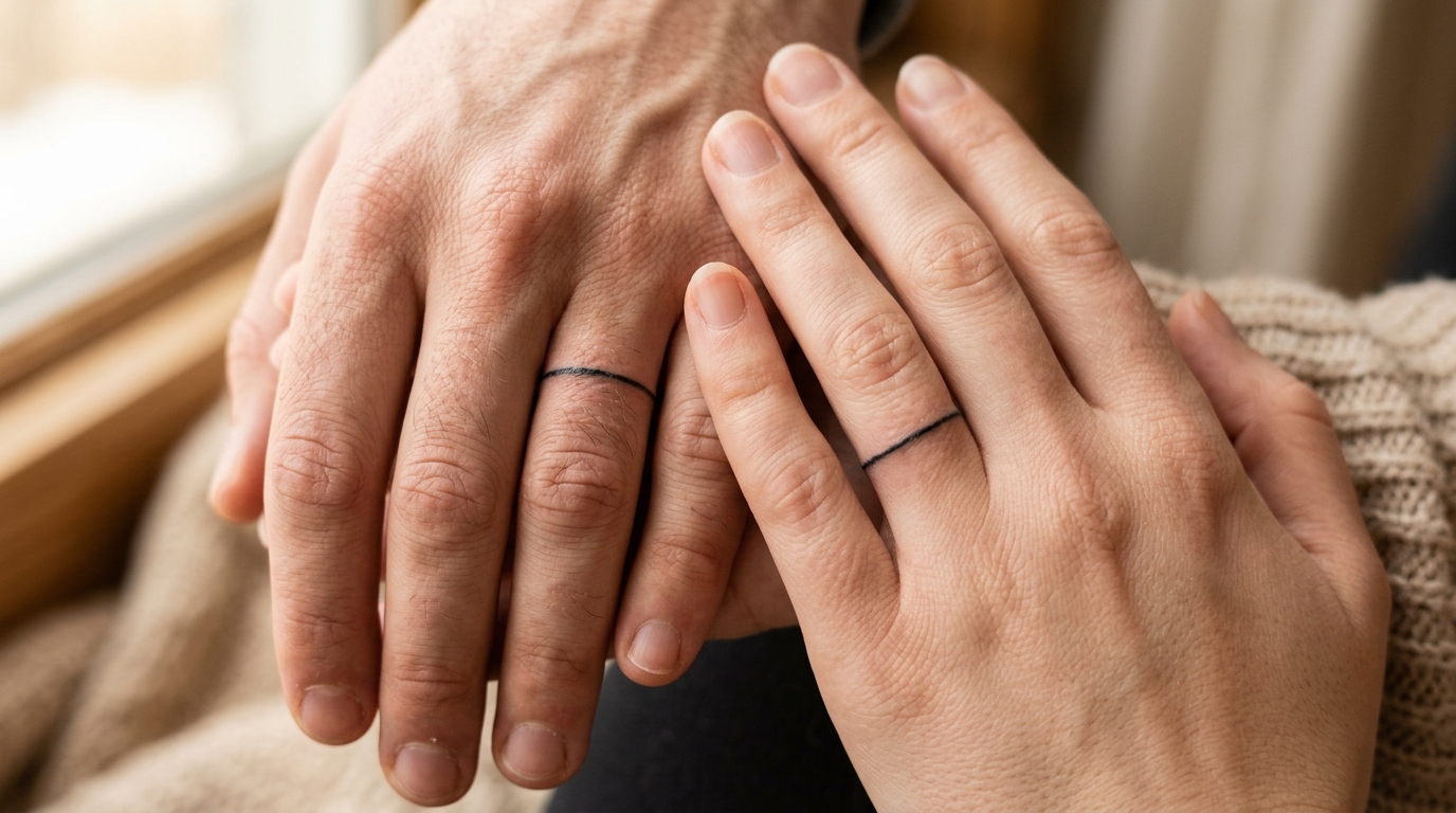 Парные кольца-тату на безымянных пальцах мужа и жены