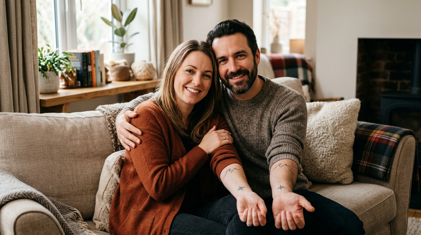 Зрелая семейная пара показывает парные тату на запястьях