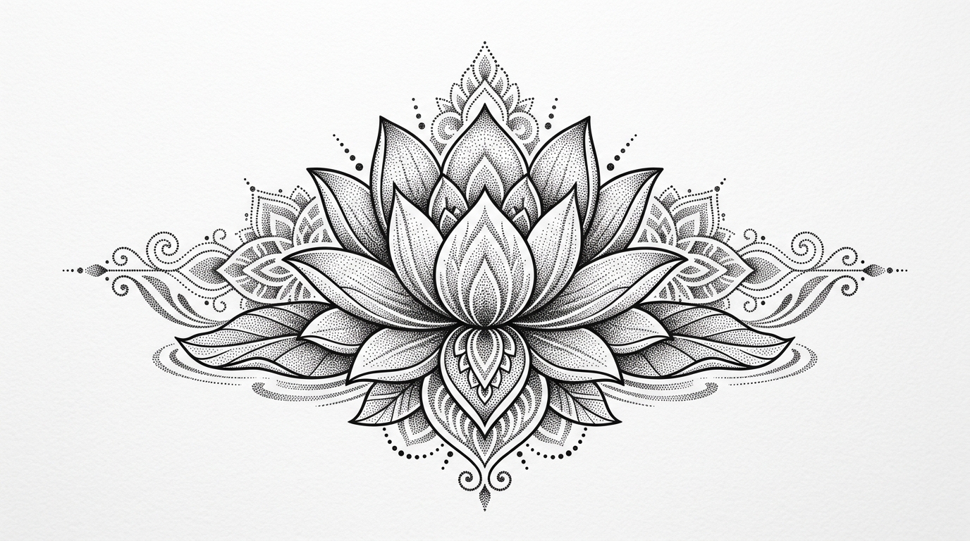 Эскиз лотоса в стиле дотворк — точечная техника