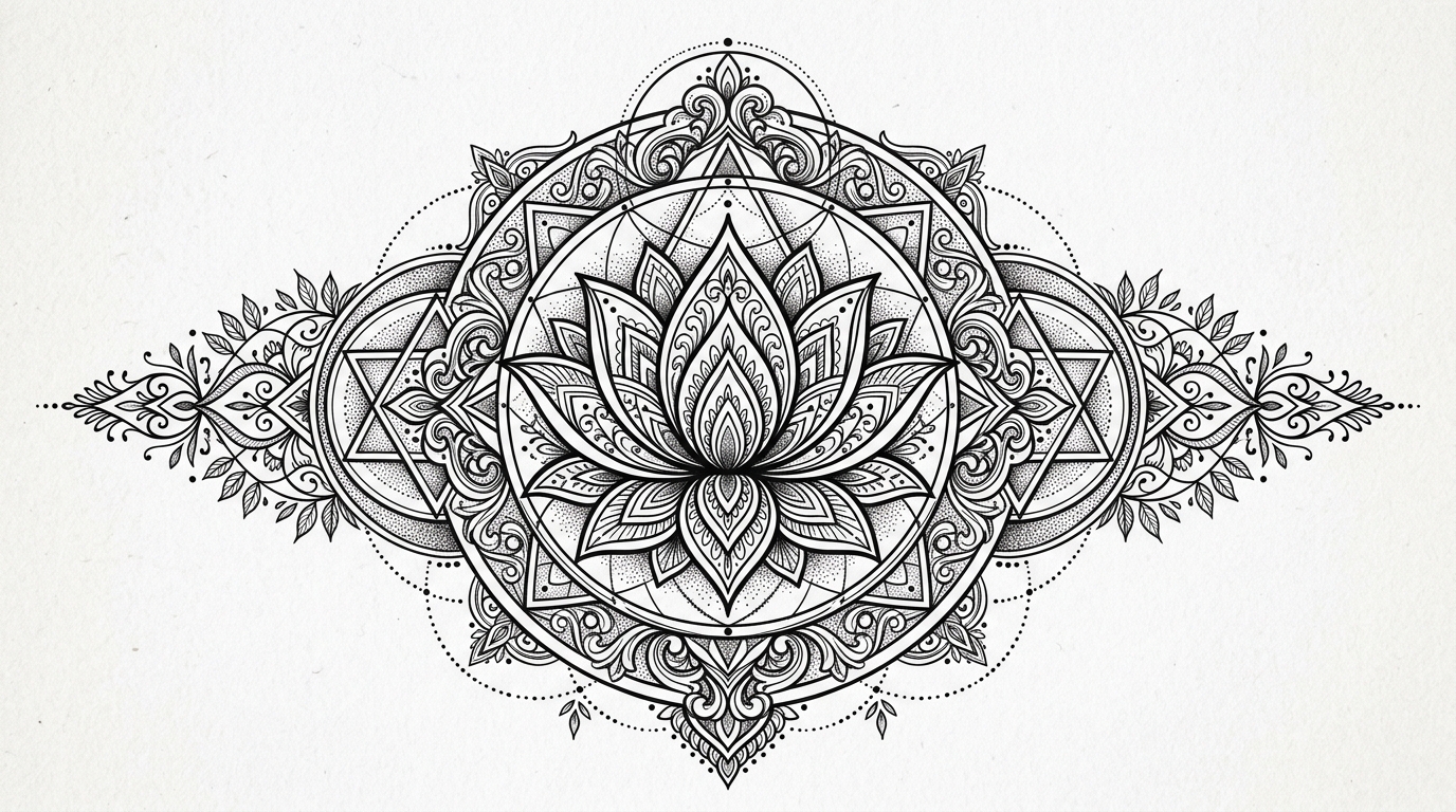 Эскиз тату лотос-мандала с геометрическими узорами