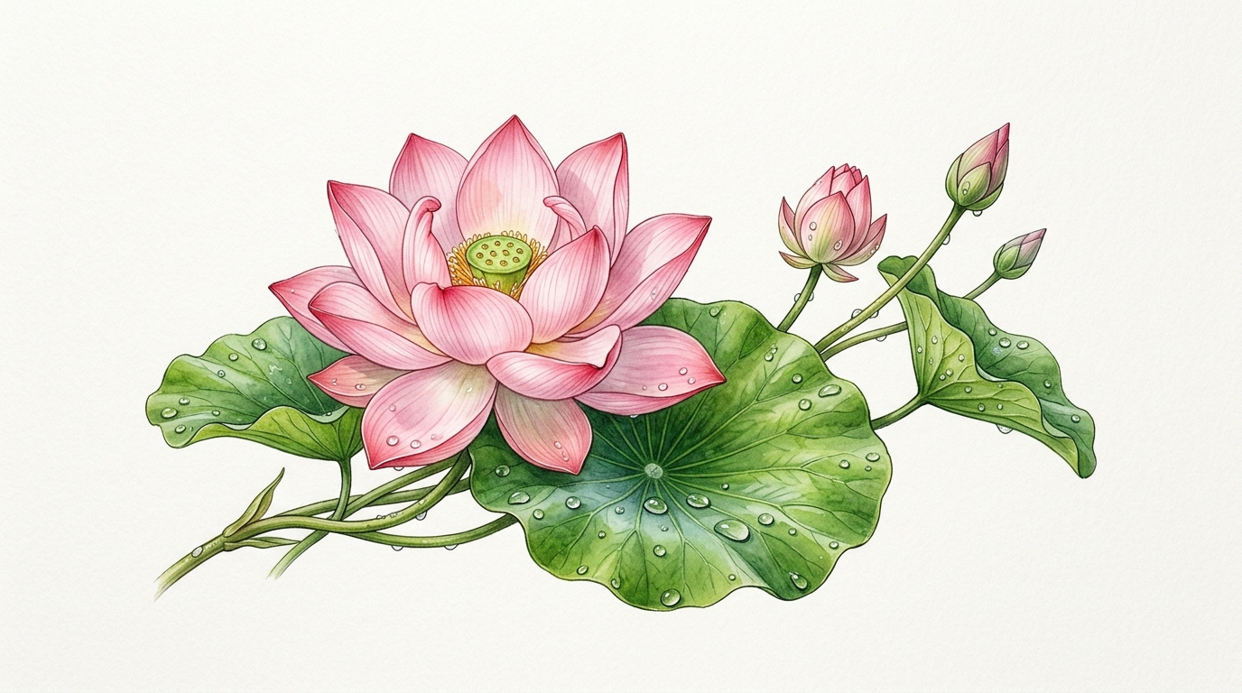 Розовый лотос реализм — нежные лепестки и зелёные листья