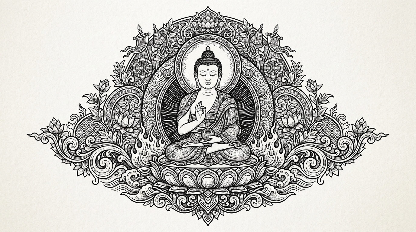 Тату Будда на лотосовом троне — традиционная буддийская иконография