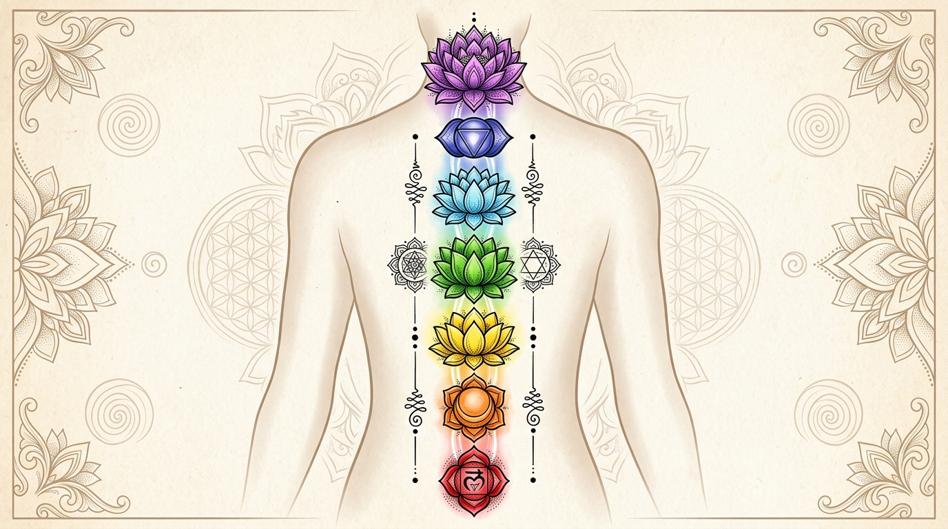 Семь чакр в виде лотосов вдоль позвоночника — йогическая символика