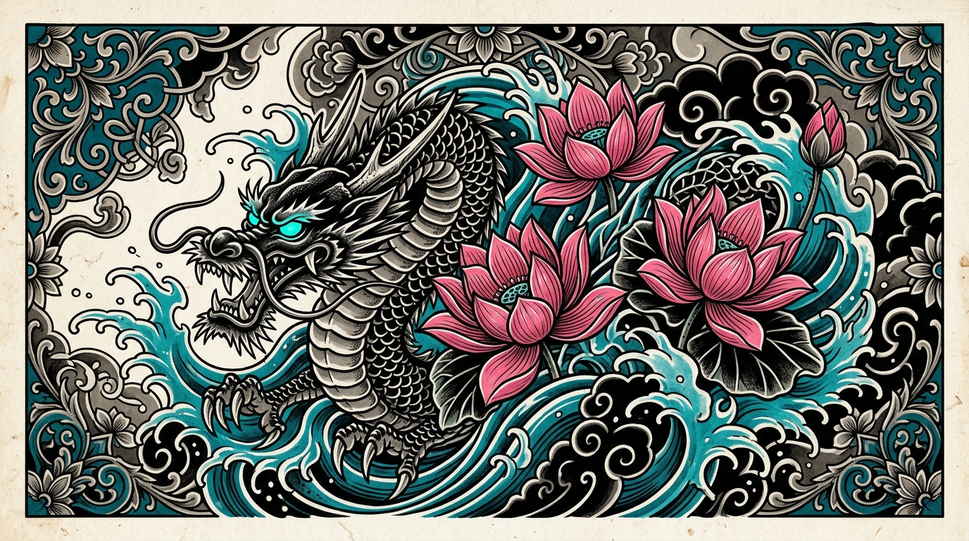 Японский стиль ирэдзуми с лотосами и драконом среди волн