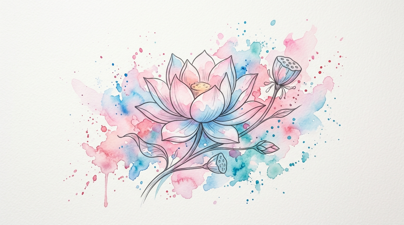 Акварельный лотос — мягкие цветные пятна вокруг лёгкого контура