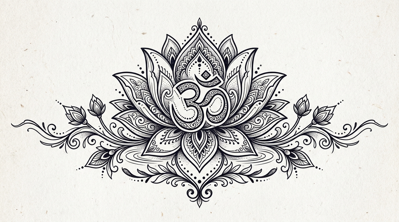 Тату лотос с символом Ом — мантра внутри цветка