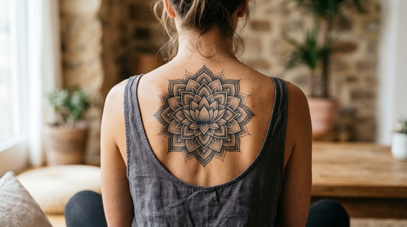 Большой ажурный лотос-мандала между лопатками