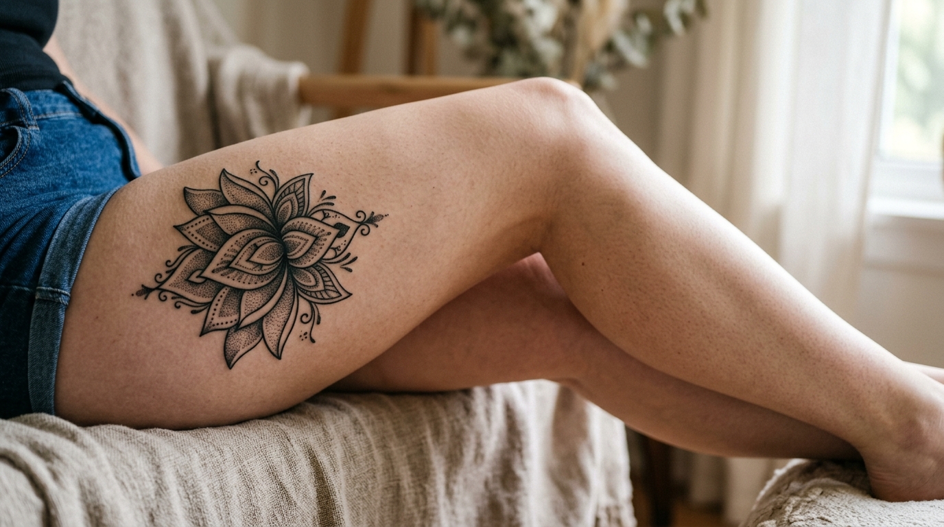 Лотос-мандала на наружной стороне бедра