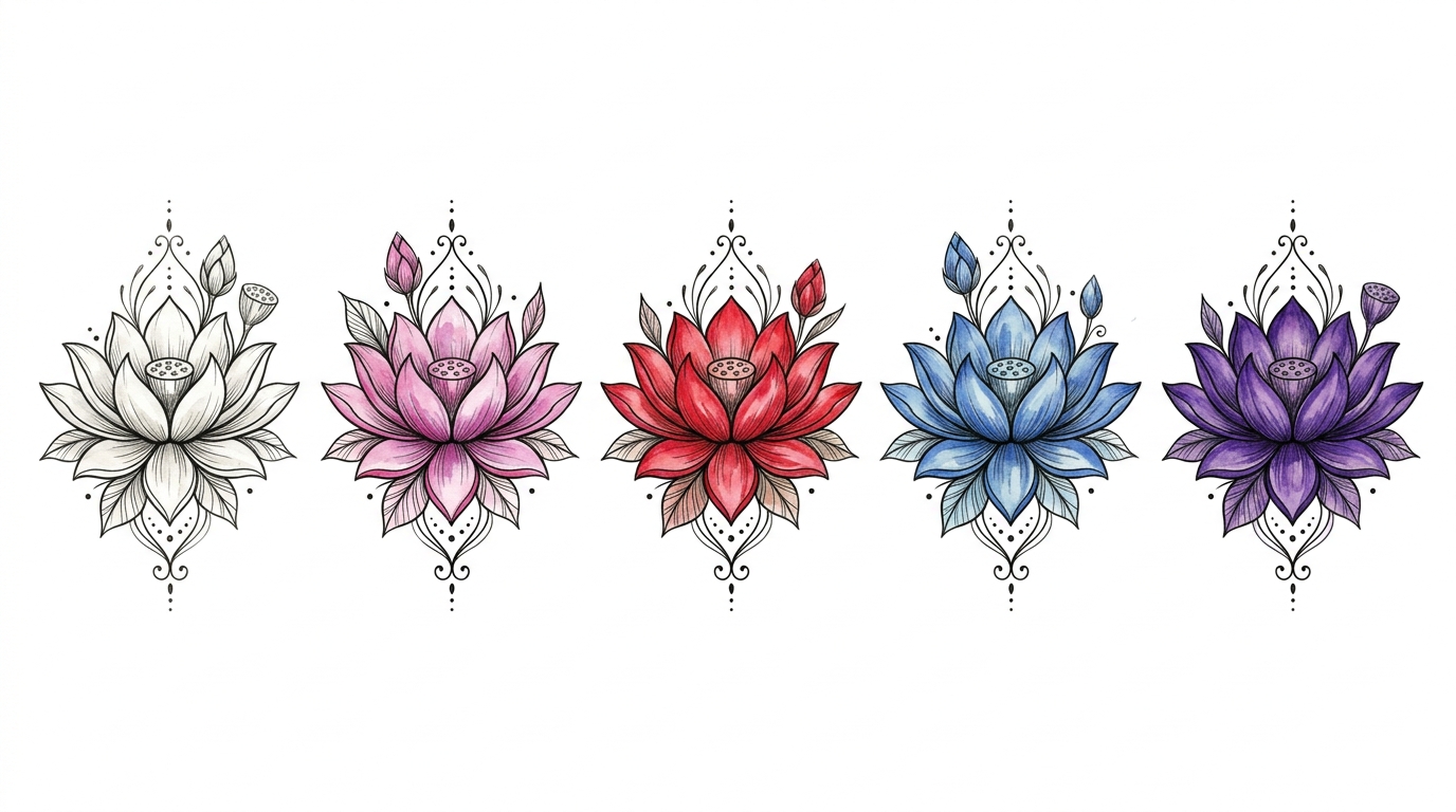 Пять цветовых вариаций лотоса — белый, розовый, красный, голубой, фиолетовый
