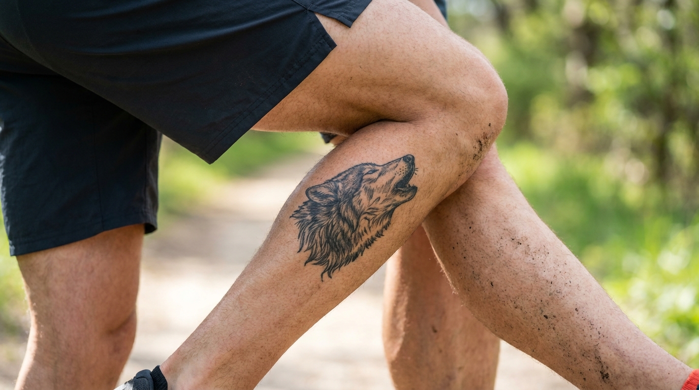 Чёрно-серая татуировка волка на икре мужчины