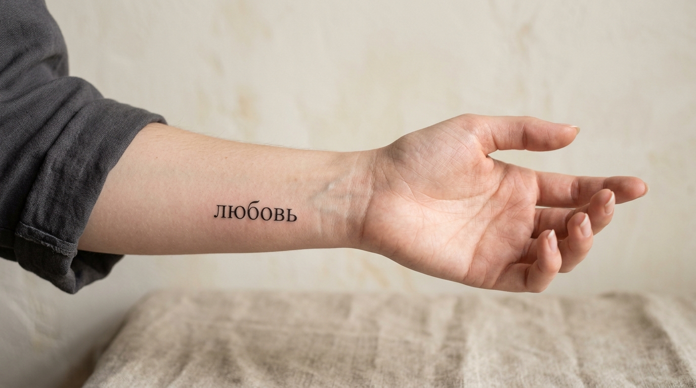 Маленькая надпись чёрными чернилами на внутренней стороне предплечья