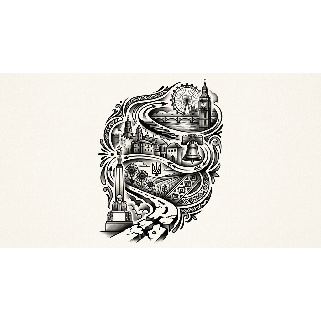 Тату эскиз: Сгенерировать тату ескиз. У меня така идия тату что бы росказала не много моей жизни. Моя история: жил в Латвии(памятник свободы), Украине(родина мать), Польше( ринек глувний)а сейчас живу в Англии(лондон). Можешь сделать ескиз как может выглядеть. Что был очень трудный путь. Без прапоров, без написание, без людей.