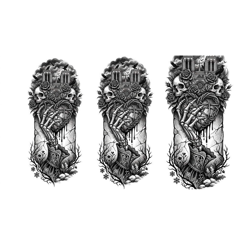 Рука-скелет рвёт каменную плиту → держит проволочное сердце → из него течёт чернильная кровь → снизу гильза и росток → вокруг снег