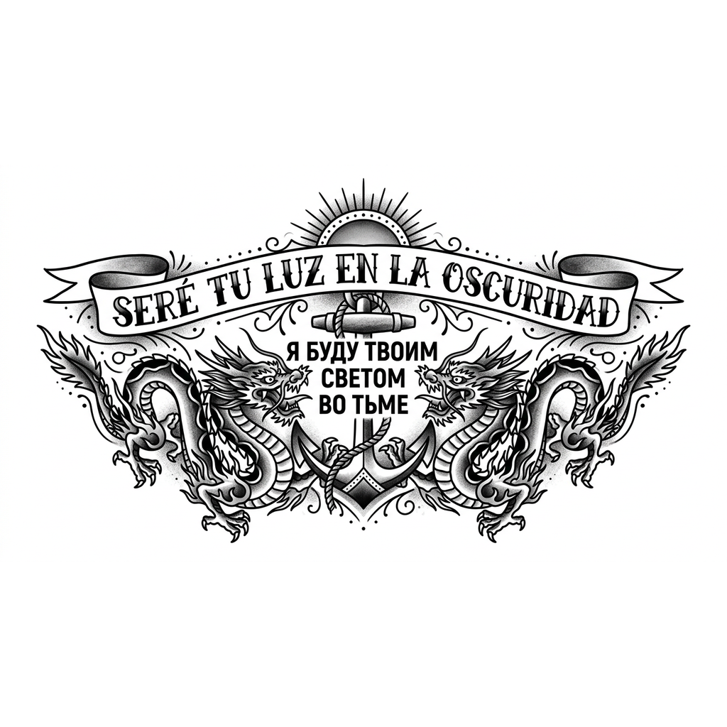Создай тату с надписью на испанском Я буду твоим светом во тьме а снизу по надписью два дракона 
